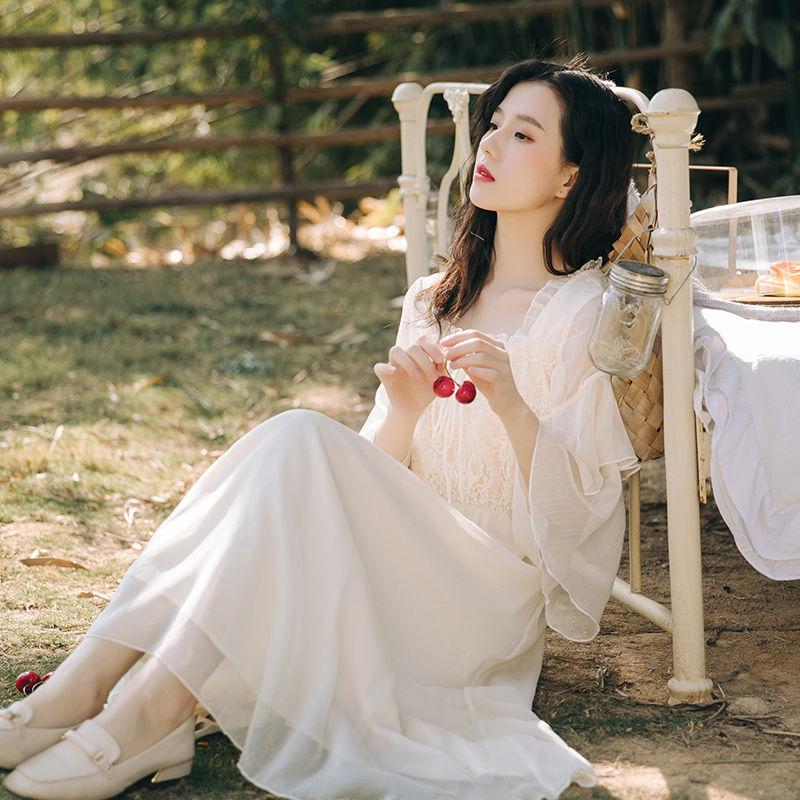White Cottagecore Vacuum Dress Chiffon Corset Slimming Lace Patchwork Long Dress