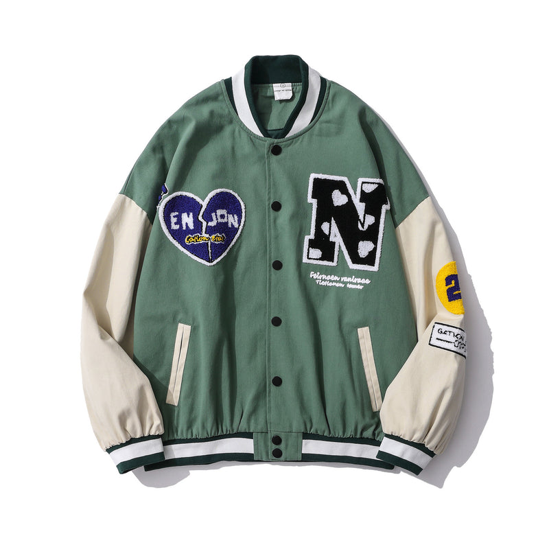 Green Varsity Jacket Retro Alphabet Multicolor Printing Baseball Uniform Jacket Men's Loose Casual Couple Pilot Jacket