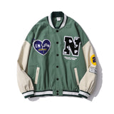 Green Varsity Jacket Retro Alphabet Multicolor Printing Baseball Uniform Jacket Men's Loose Casual Couple Pilot Jacket