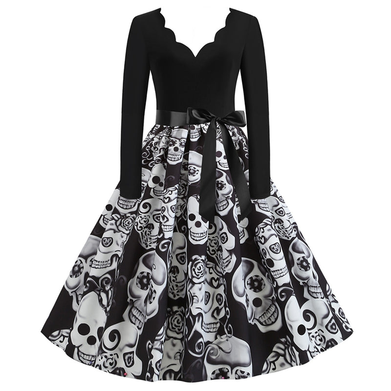 Skull Dress Women's V-neck Long Sleeve Color Contrast Patchwork Printed