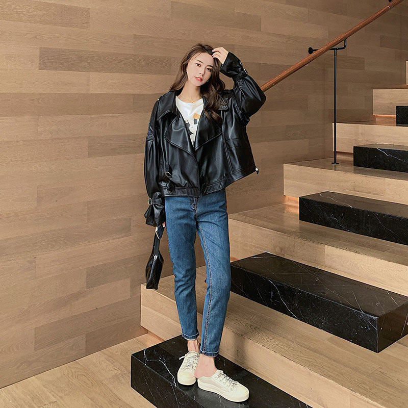 Cute Leather Jacket Loose Slimming Motorcycle Spring and Autumn Leather Coat