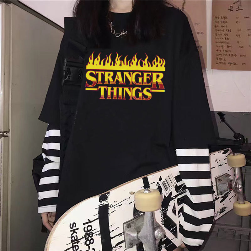 Stranger Things T Shirt T-shirt Fake Two StrangerThings Autumn and Winter Loose