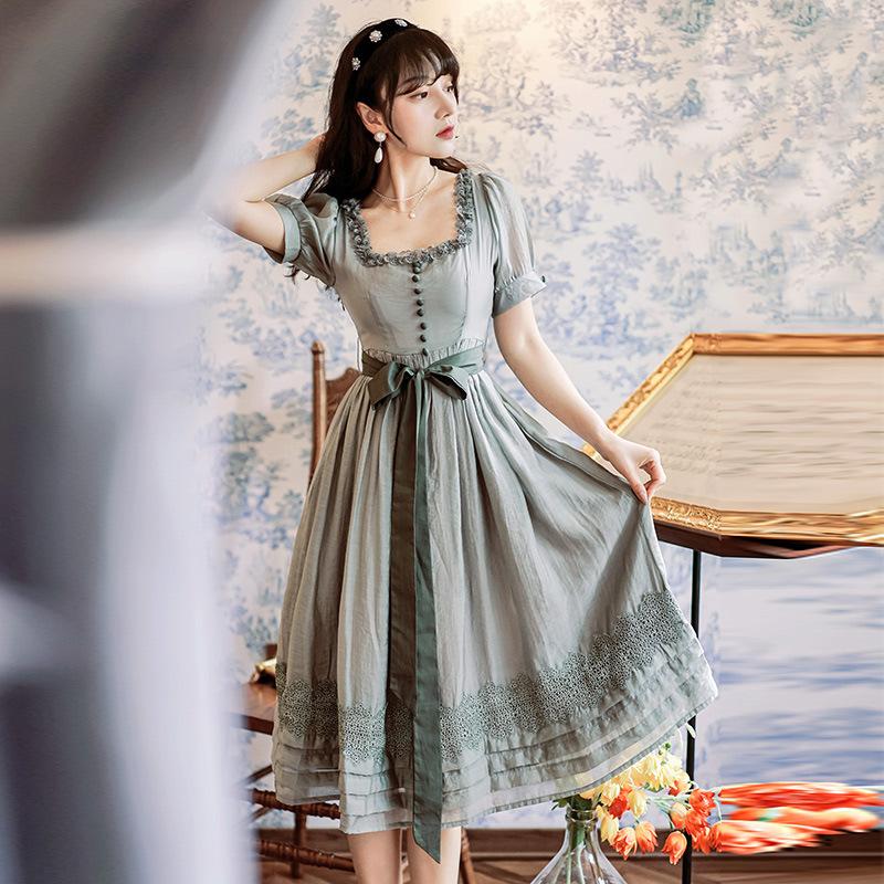 Women Retro Cottagecore Vintage Summer Dress High Waist Retro Square Collar Dress