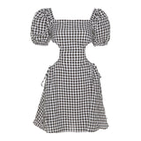 Gingham Dress Summer Fashion Trends Women's Bubble Sleeve Square Collar Hollow-out Loose Plaid Dress