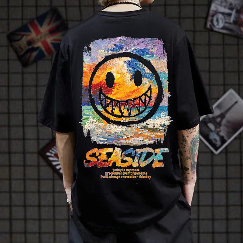 Smiley Face T Shirt Cotton Short Sleeve Hip Hop Smiley Face Graffiti