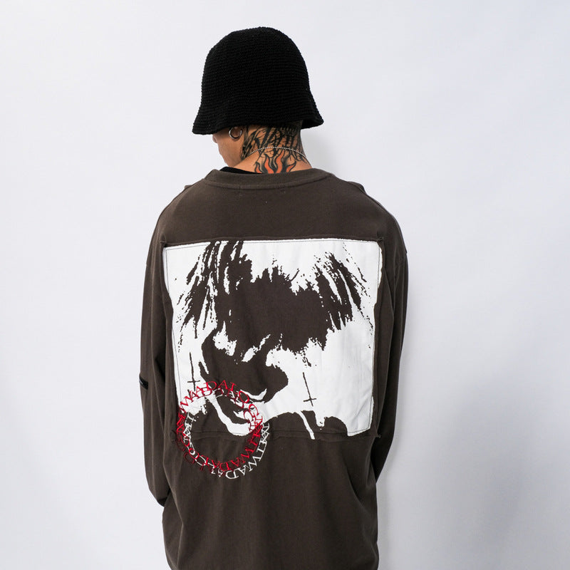 Mens Fall Outfits Dark Depressed Yabi Style Anime Portrait Printing Long Sleeve T-shirt Men and Women Loose