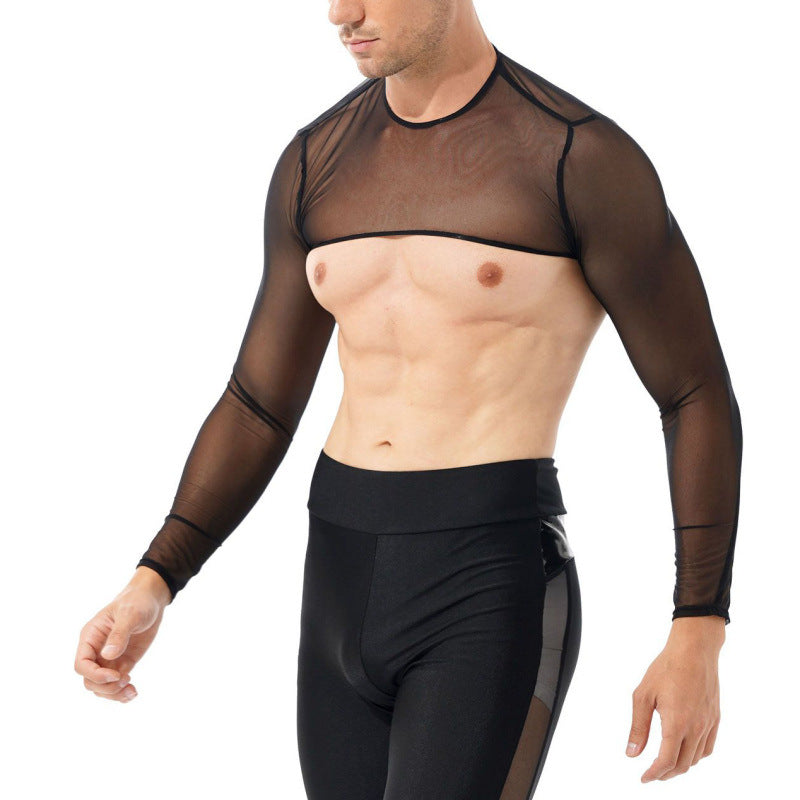 Rave Outfits Mens Long Sleeve Shirt Sexy Slim-Fit Long Sleeve Top Fashion Fashion Black See-through T-shirt