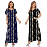 Muslim Women Stylish Kashibo Abaya Muslim Ladies Long Gown Islamic Clothing Jilbab Jalabiya Short Sleeve Round Neck Printed Summer Fashion Long Skirt