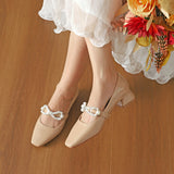Nude Block Heels Closed Toe Pearl Chunky Heel Pumps Female Autumn Women's Fashion Shoes