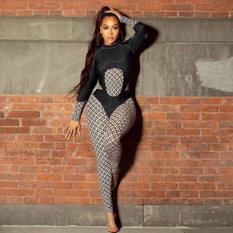 Fashion Printed Color Contrast Patchwork High Waist Tight Sports Fitness Jumpsuit
