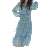 Aesthetic Dress Vintage Dress Women V-neck Tiered-Ruffle Long Dress