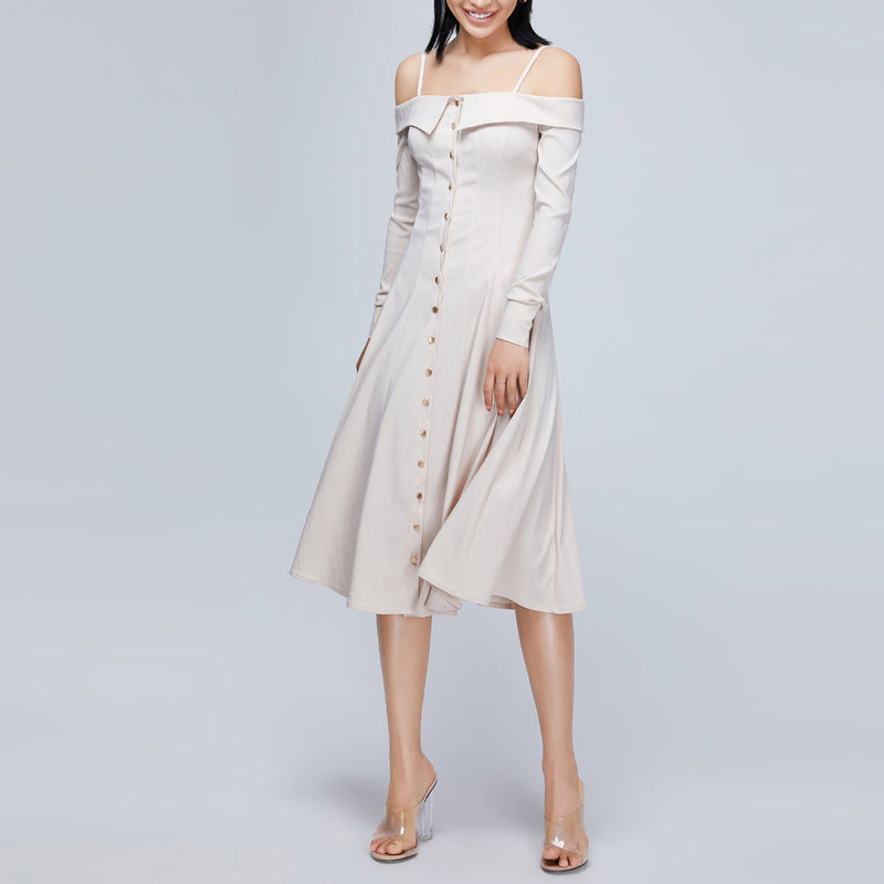 Women Spring Dress Sling off-Shoulder Mid-Length Dress Slim French White Lady Dress