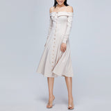 Women Spring Dress Sling off-Shoulder Mid-Length Dress Slim French White Lady Dress