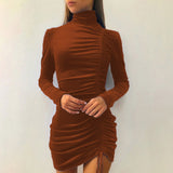Winter Formal Dresses Autumn and Winter Suede Drawstring Turtleneck Dress Fashion Long Sleeve Skinny Sheath Dress Skirt