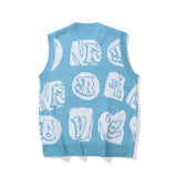 Men Sweater Vest Contrast Color Letter Jacquard Sleeveless Sweater Vest Men's Loose round Neck Sweater Vest