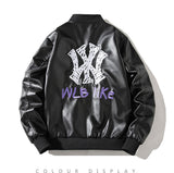 Graphic Leather Jacket Women's Spring and Autumn Air Force Flight Suit Leather Men's Baseball Collar PU Leather NY MLB Couple Jacket