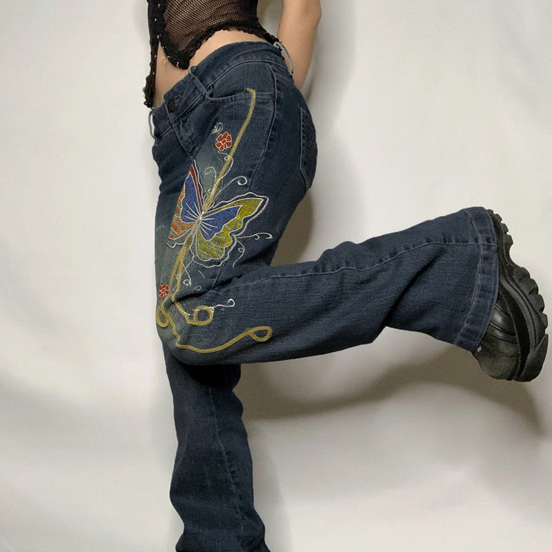 Julia Fox Low Rise Trousers Printed Retro Style Washed Jeans Casual