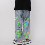 Mens Fall Outfits Vintage High Street Cross Graffiti Printing Jeans Men and Women Straight Loose-Fitting Wide-Leg Trousers
