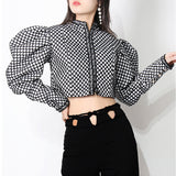 90S Fashion Court Retro Style Autumn and Winter Small Stand Collar Single-Breasted Puff Sleeve Diamond Flocking Short Coat