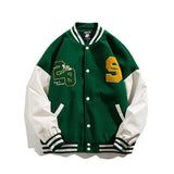 Green Varsity Jacket Fall Men's Baseball Uniforms Campus Fresh Contrast Color Stitching Loose Jacket