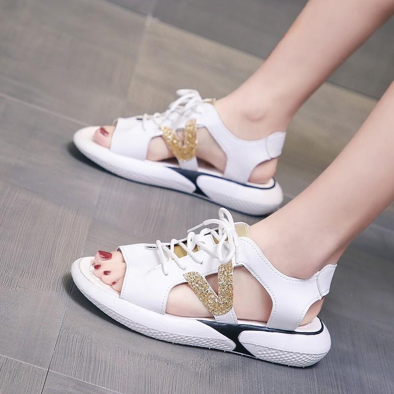 Women Open Toe Sandals Flats Large Size Flat Bottom Stylish Beach Casual Sequin Peep Toe Lace-up Sports Sandals