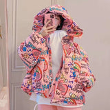 Women Winter Coats Puffer Jacket down Coat Winter Cartoon Childlike Graffiti Hooded down Jacket Coat