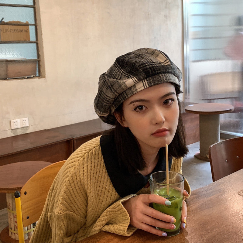 Check Beret Hat Vintage Spring and Autumn Plaid Pumpkin Hat
