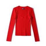 Women Fall Fall Four-Color Square Collar Knitted Top Slim Fit Sweater