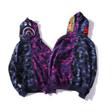 Shark Print Bape Hoodie Shark Head Blue Purple Patchwork Assorted Colors Hooded Zipper Sweatshirt Fashionable Jacket