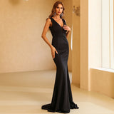 Burgundy Dresses For Wedding Chiffon Black Sleeveless Strap Dress High Waist Deep V-neck Evening Dress For Women