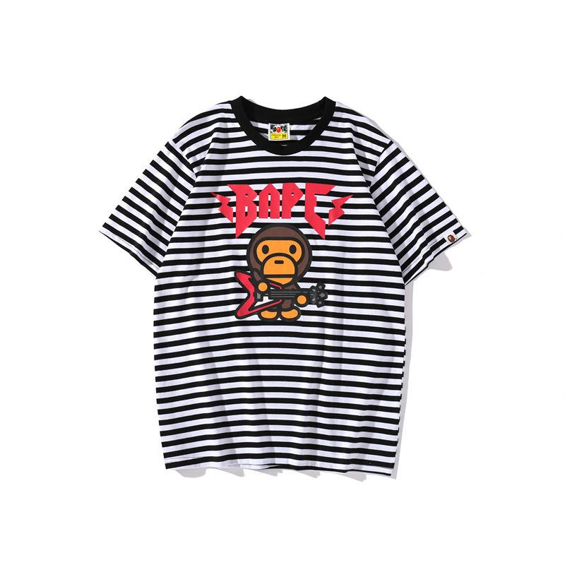 Shark Print T Shirt Cartoon Rock Bass Player Striped T-Shirt Casual Letter Short Sleeve