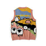 Men Sweater Vest Cartoon Jacquard Sleeveless Sweater Vest Men's Idle Style Loose V-neck Waistcoat Sweater Couple Vest Coat