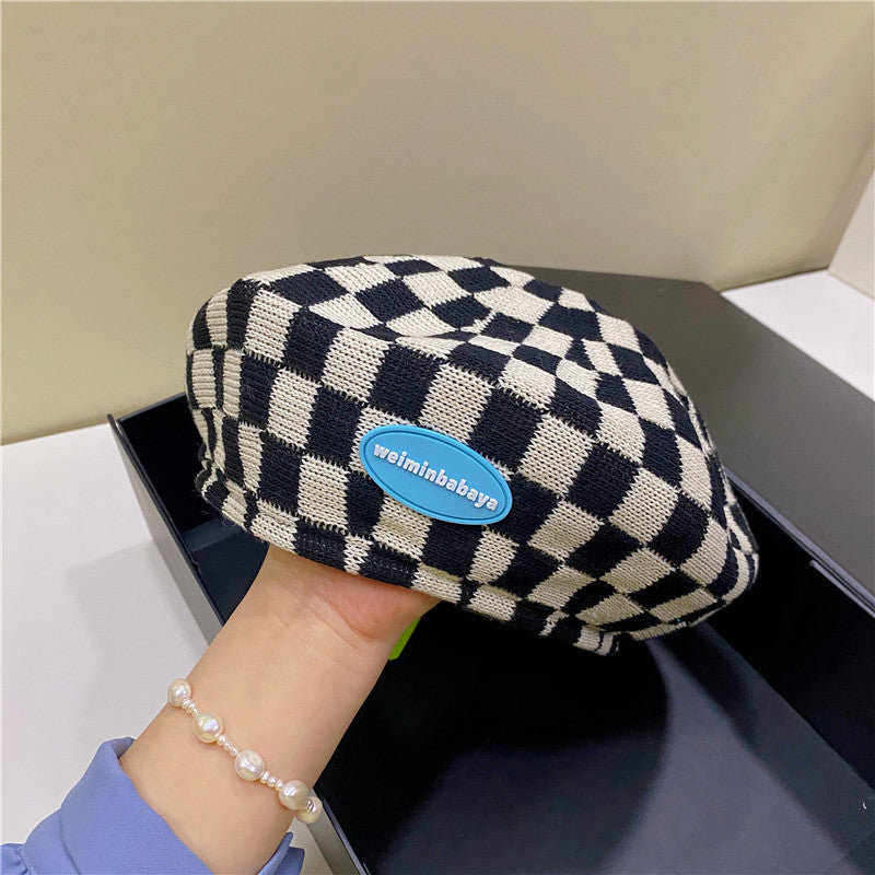 Check Beret Hat Fashion Spring and Summer Casual Blue Painter Hat