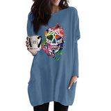Skull Dress Casual round Neck T-shirt Women's Skull Printed Long Sleeve Loose Dress
