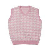 Mens Fall Outfits Vintage Plaid Knitted Vest Man Loose Couple Pullover Sleeveless Sweater