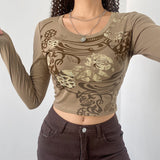 90S Fashion Khaki Vintage Pattern Printed T-shirt Women's Bottoming Top