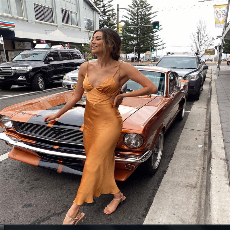 Burnt Orange Dress Spring/Summer Women'S Sexy Satin V-Neck Backless Tied Spaghetti-Strap Long Dress Women'S Dress
