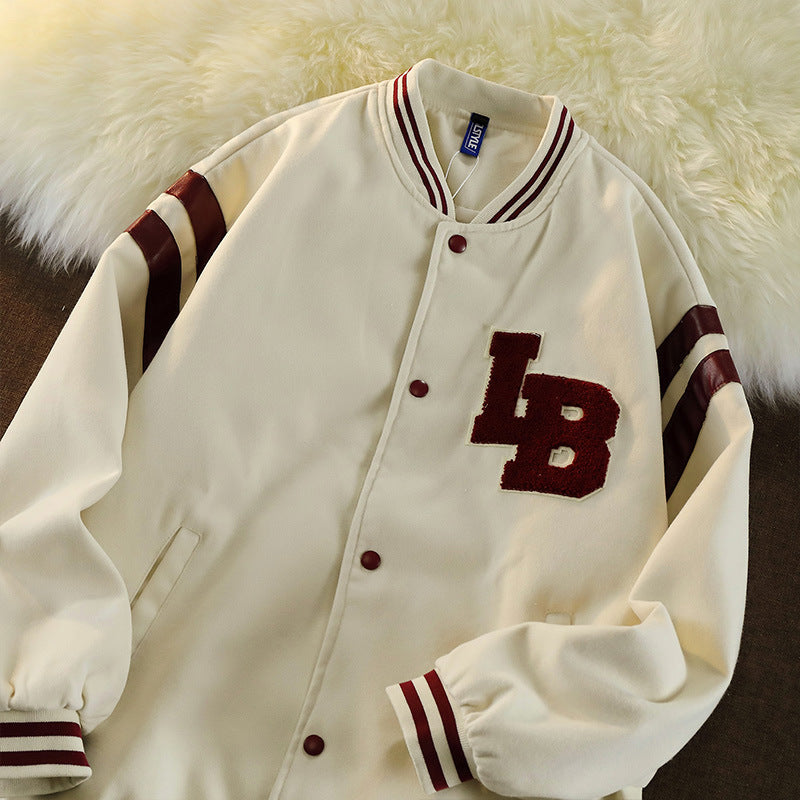 Beige Varsity Jacket Autumn Baseball Uniform Cardigan Button Jacket Cotton Jacket Women Embroidered Letters