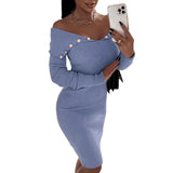 Winter Formal Dresses Button Waist-Controlled Long Sleeves Knitted Sheath Dress