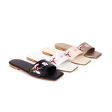 Flat Dress Sandals Large Size Embroidered Flower Cutout Square Toe Sandals
