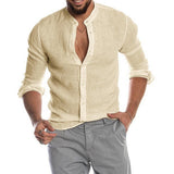 Sweat Wicking Shirt Autumn and Winter V-neck Linen Cardigan Stand Collar Long Sleeve Men's Shirt