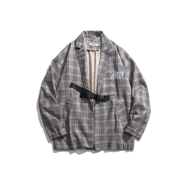 Men's Casual Suit Man Blazer Tooling Style Vintage Plaid Leisure Suit Men's Loose Lapels Suit Jacket