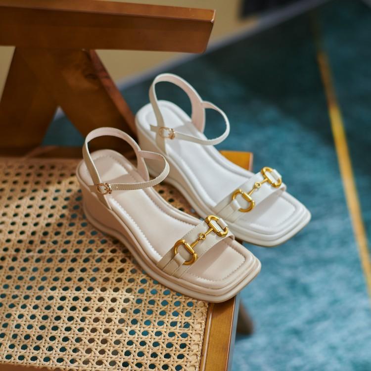 Women Open Toe Sandals Flats Metal Fastener Square Toe Wedge Sandals for Women