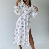 Emery Rose Dresses Long Sleeve Printed Halter Dress Puff Sleeve Split Dress