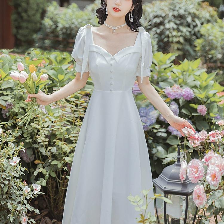 Women's Cottagecore Dress Gentle White Dress Women's Summer Retro First Love Dress with Certificate Slim White Dress