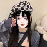 Check Beret Hat Women 'S Black And White Plaid Painter Cap