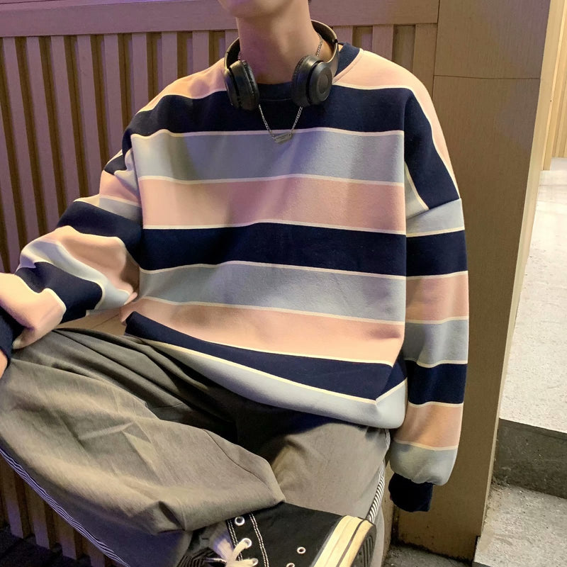 Men Sweatshirts Spring Striped Sweater Men's Long-Sleeved T-shirt Casual