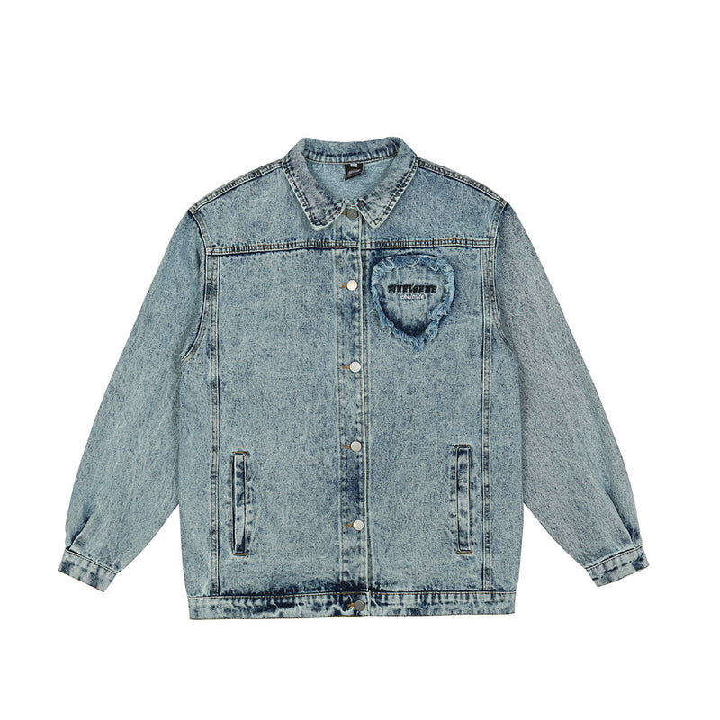 Men Denim Coat Jean Jackets Love Embroidered Washed Do the Old Cowboy Coat Loose Lapels Jacket Denim Clothing