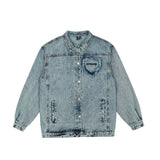 Men Denim Coat Jean Jackets Love Embroidered Washed Do the Old Cowboy Coat Loose Lapels Jacket Denim Clothing
