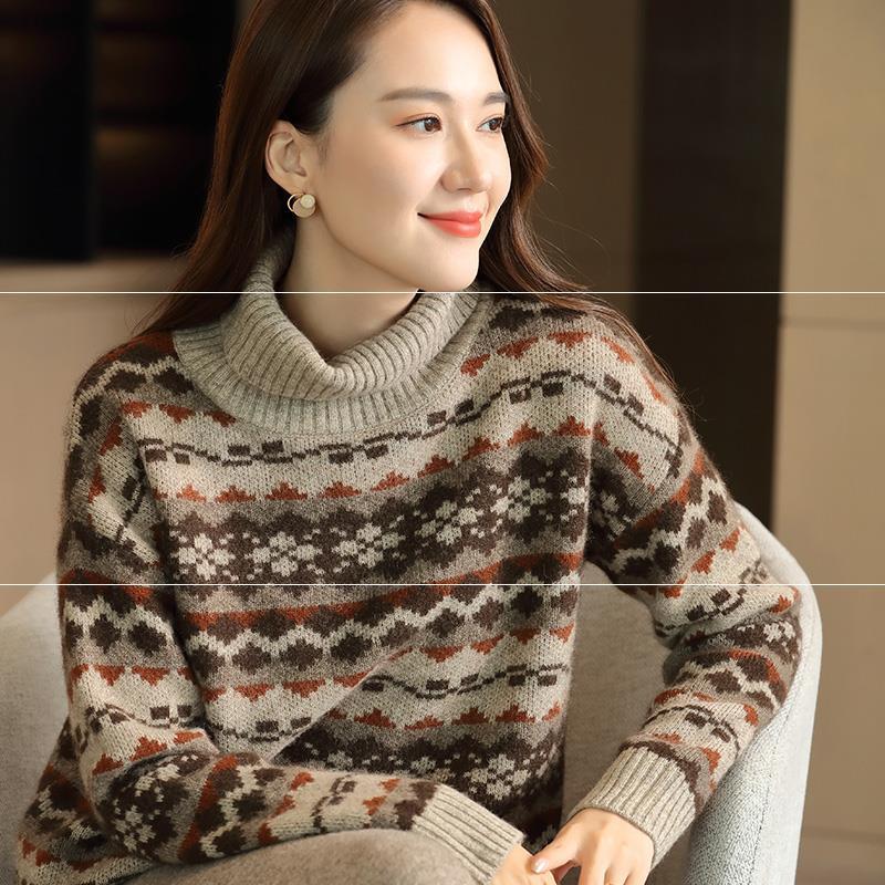 Fair Isle Sweater Cottagecore Outfits for Women Cashmere Sweater Turtleneck Thickened Autumn Loose-Fitting Pullover